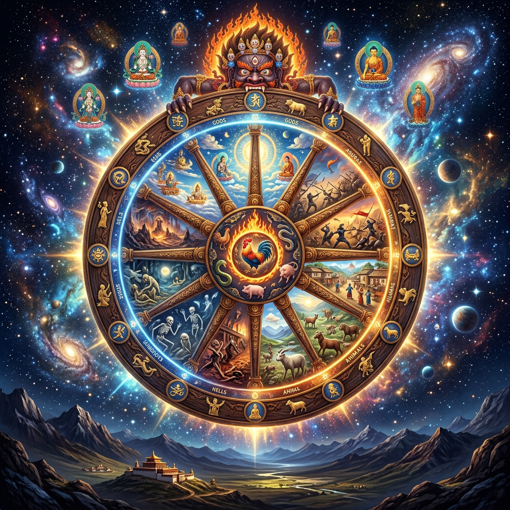 Tibetan Wheel of Life showing cycles of existence with cosmic background and Buddhist figures