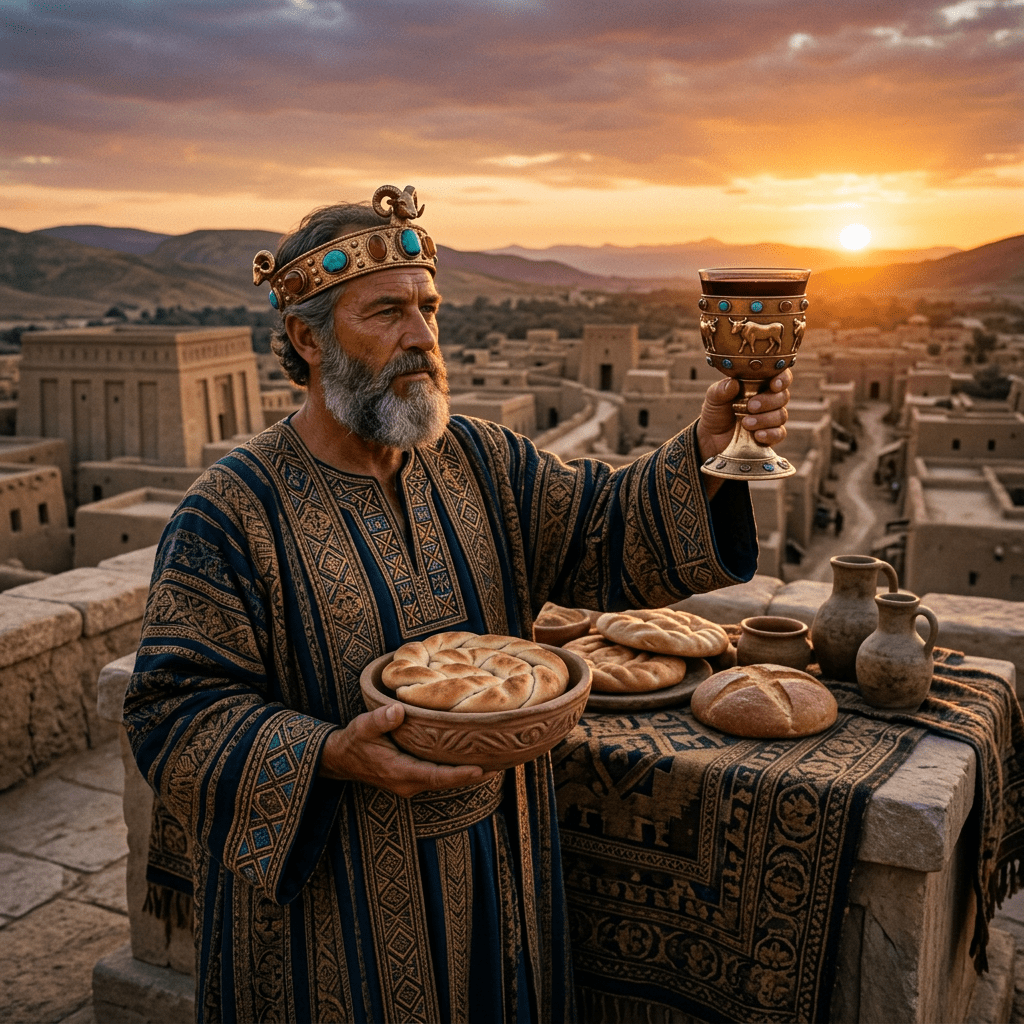 Man wearing a jeweled crown and patterned robe holding bread and an ornate chalice at sunset