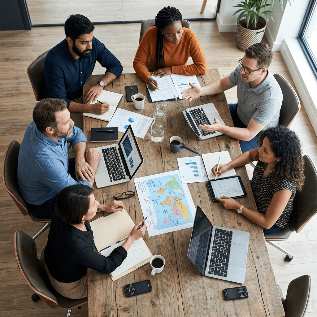 Six colleagues gathered around a table reviewing charts, maps, and laptops during a discussion