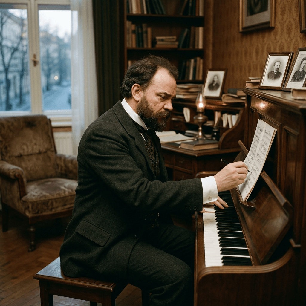 Man in vintage suit writing on piano sheet music in a study room