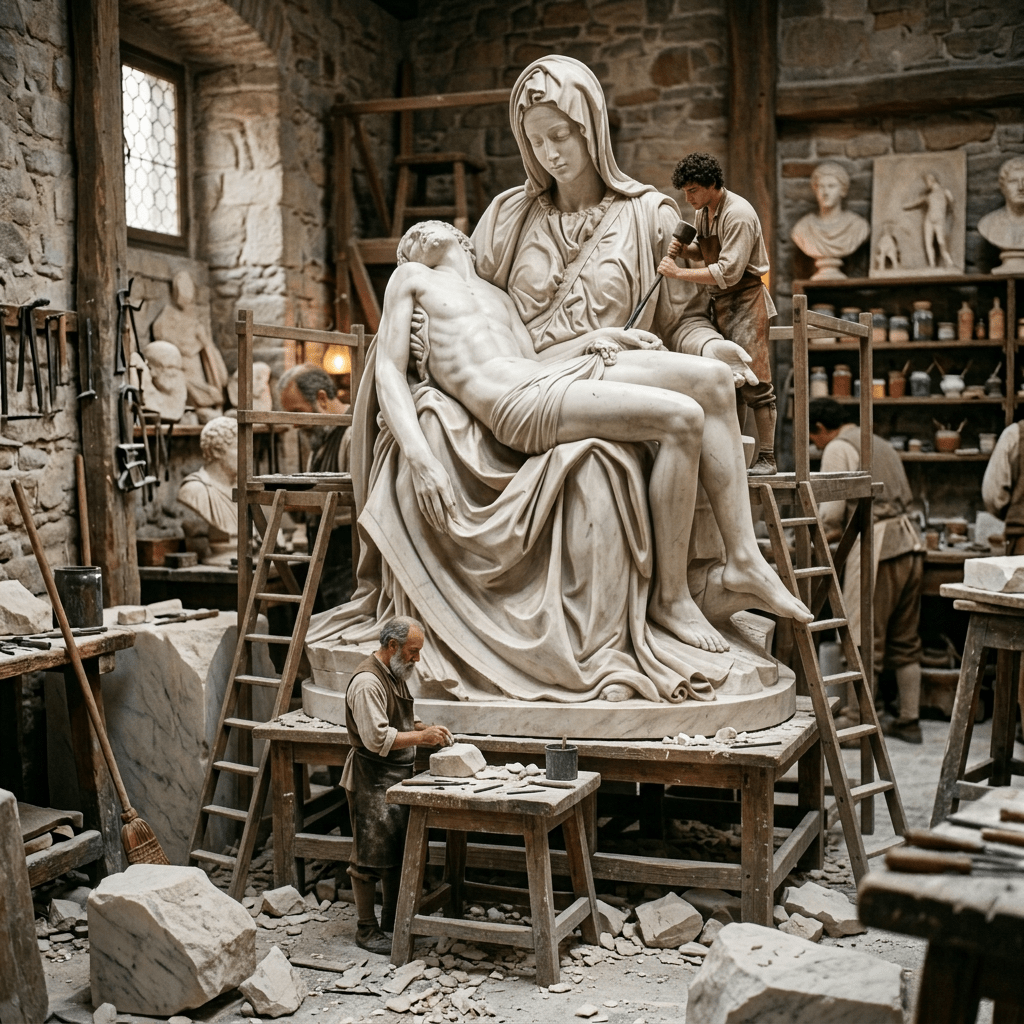 Young artisan carving a detailed marble sculpture of a seated woman holding a body
