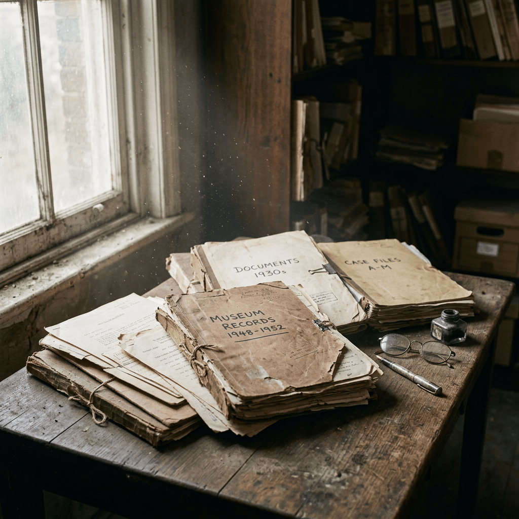 Stack of vintage archival documents labeled 'Museum Records 1948-1952,' 'Documents 1930s,' and 'Case Files A-M' on a wooden table with an ink pot, pen, and glasses
