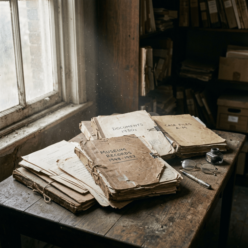 Stack of vintage archival documents labeled 'Museum Records 1948-1952,' 'Documents 1930s,' and 'Case Files A-M' on a wooden table with an ink pot, pen, and glasses