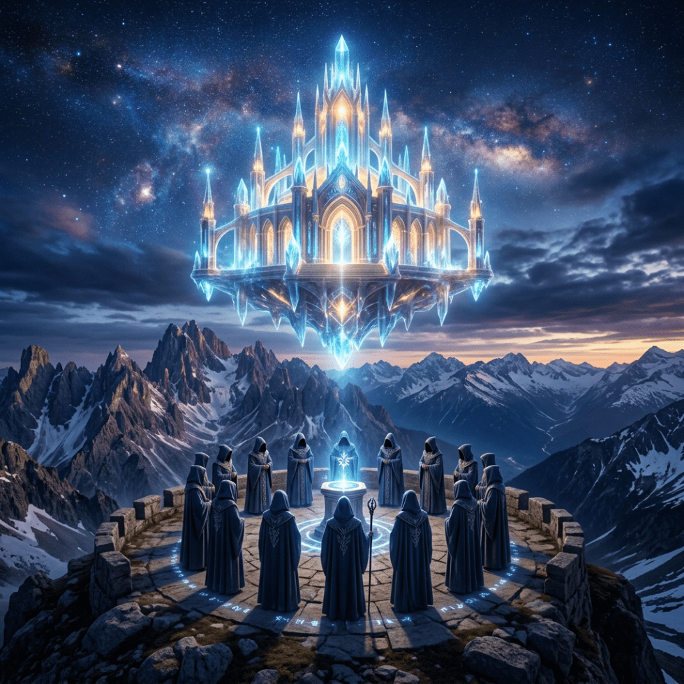 Robed figures in a circle on a mountain summit beneath a glowing floating crystal palace