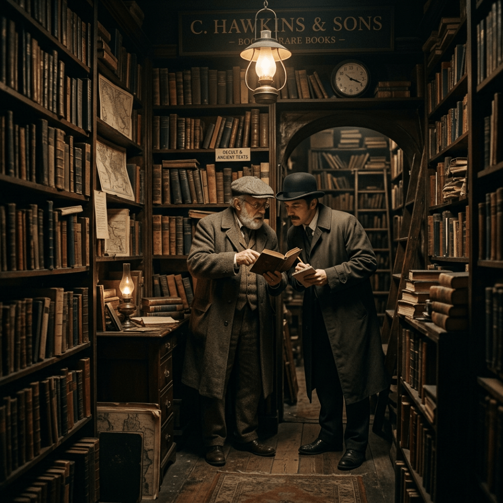 Two men in Victorian clothing reading a rare book inside a dimly lit bookstore