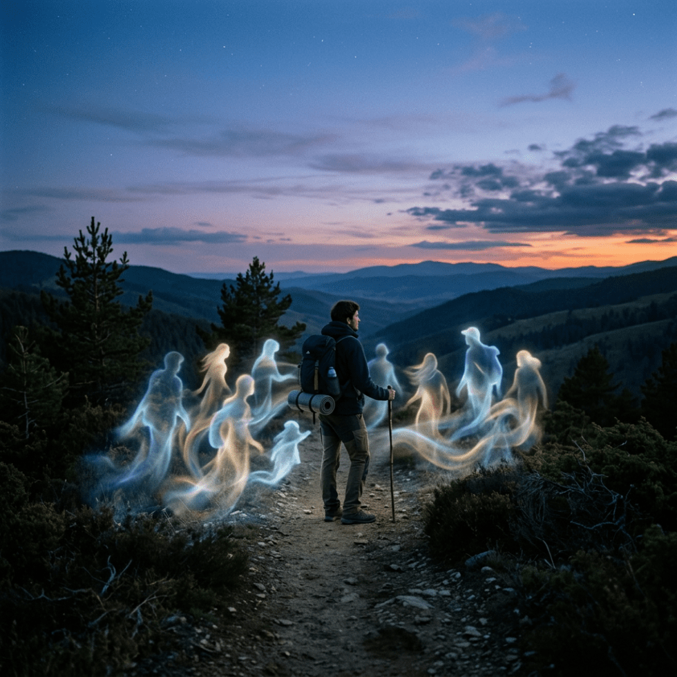 A hiker on a mountain trail surrounded by glowing translucent ghost-like figures at dusk.