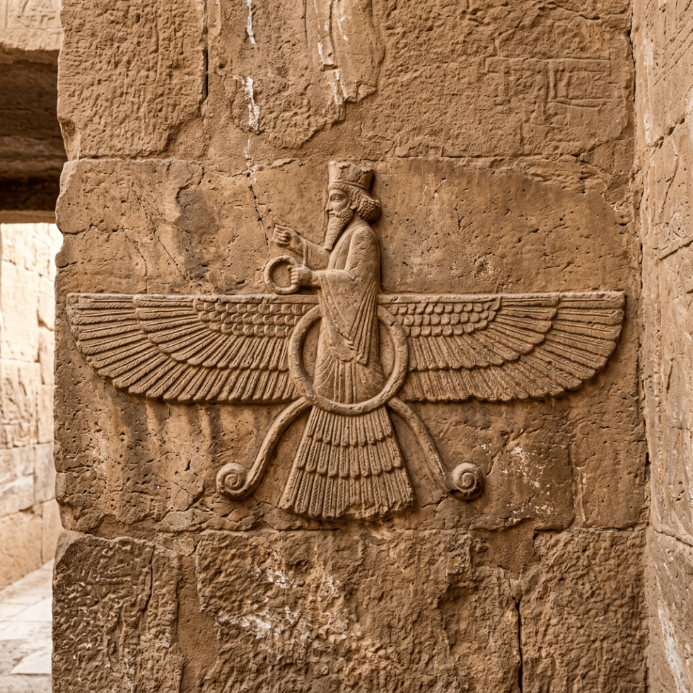 Relief carving of the Faravahar symbol with a winged human figure on stone