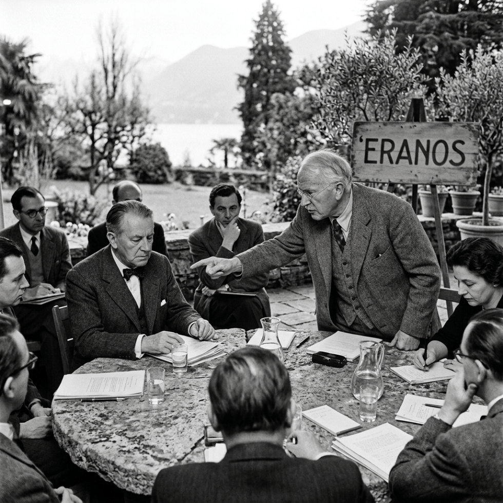 Group of scholars in formal attire gathered around a table with papers and water glasses during an Eranos conference