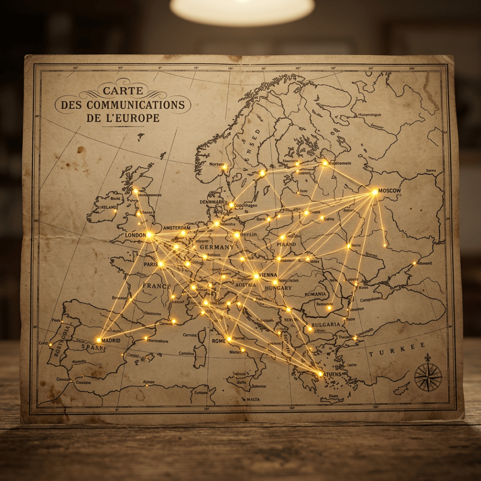 Antique map of Europe with glowing network lines connecting cities like London, Paris, Moscow, and Athens