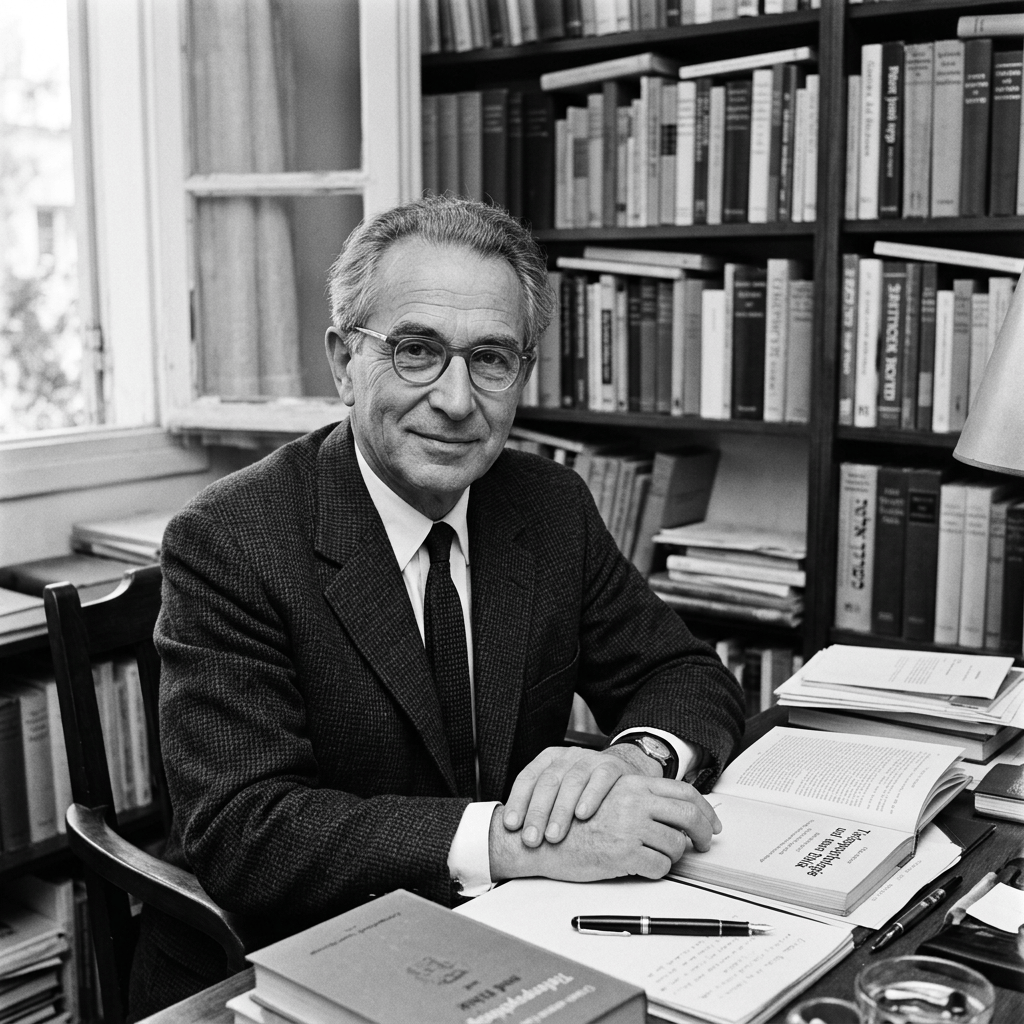 Elderly man in glasses and suit sitting at a desk with open books and papers in a room filled with bookshelves