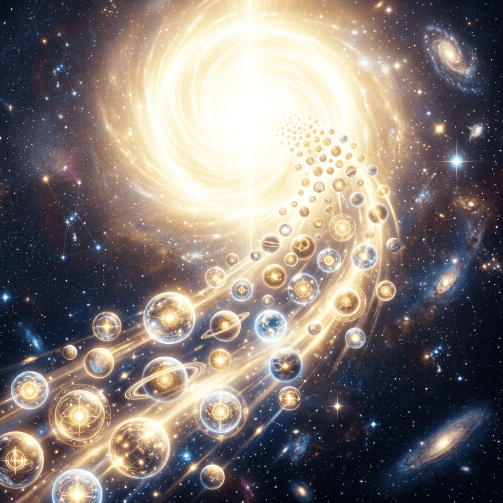 Bright cosmic vortex emitting numerous glowing spheres representing multiple universes