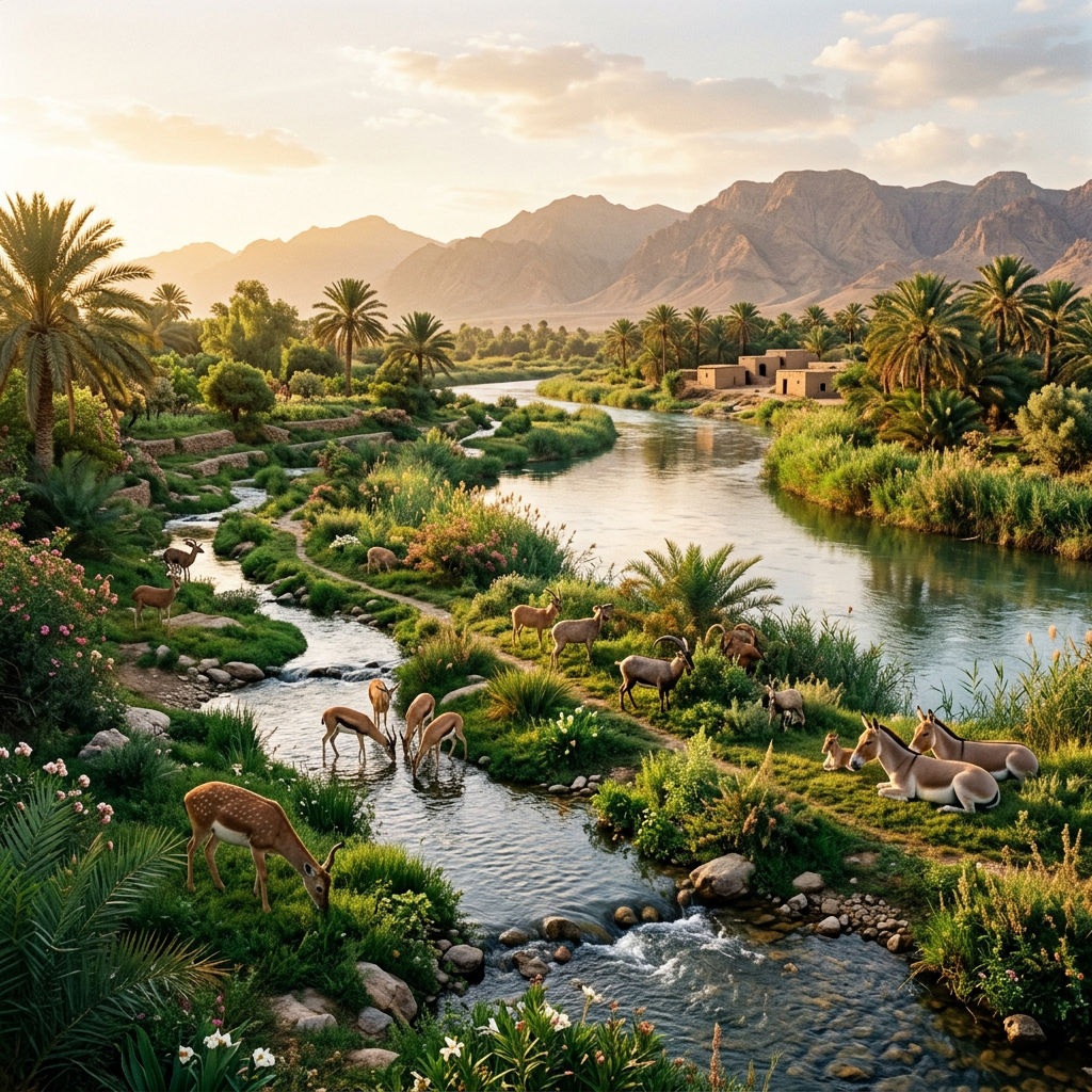 Desert oasis with palm trees, a winding river, and various desert animals drinking and resting