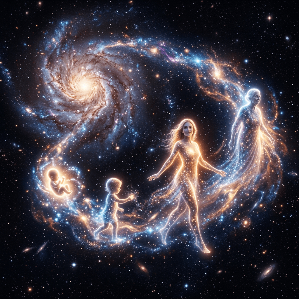 Current image: Glowing cosmic human forms representing stages from infant to elder against a galaxy background
