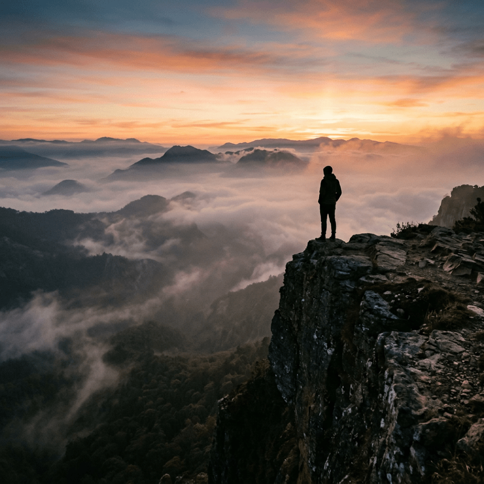 Silhouette of a person standing on a rocky cliff edge overlooking fog-covered mountains during sunset.