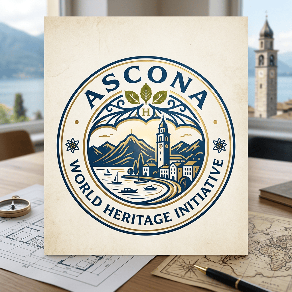 Logo with mountains, lake, village, and text Ascona World Heritage Initiative