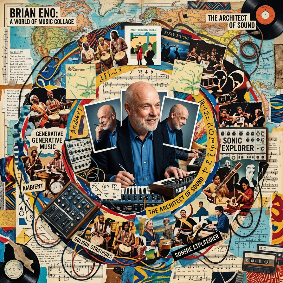 Collage of Brian Eno surrounded by images of musicians, synthesizers, and music notes illustrating generative music and ambient styles