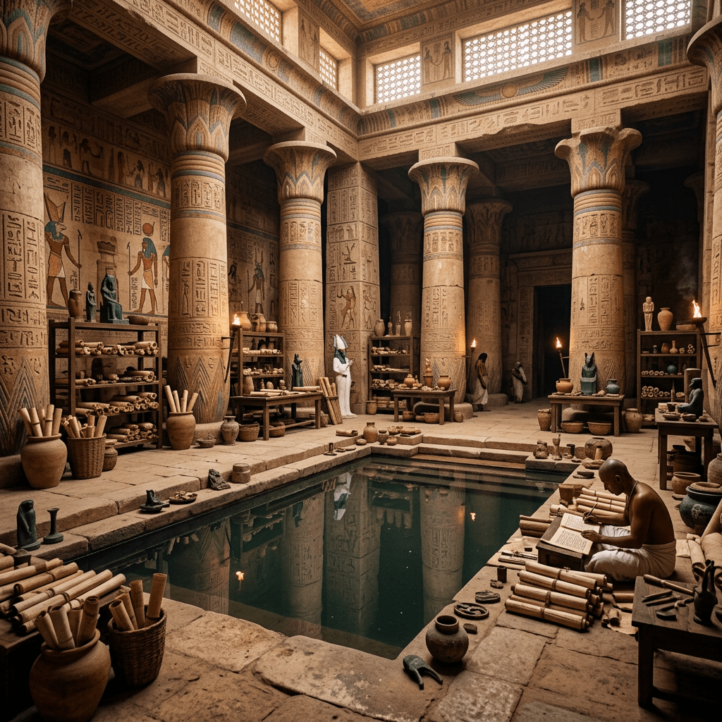 Scribe writing beside a pool in an ancient Egyptian temple workshop