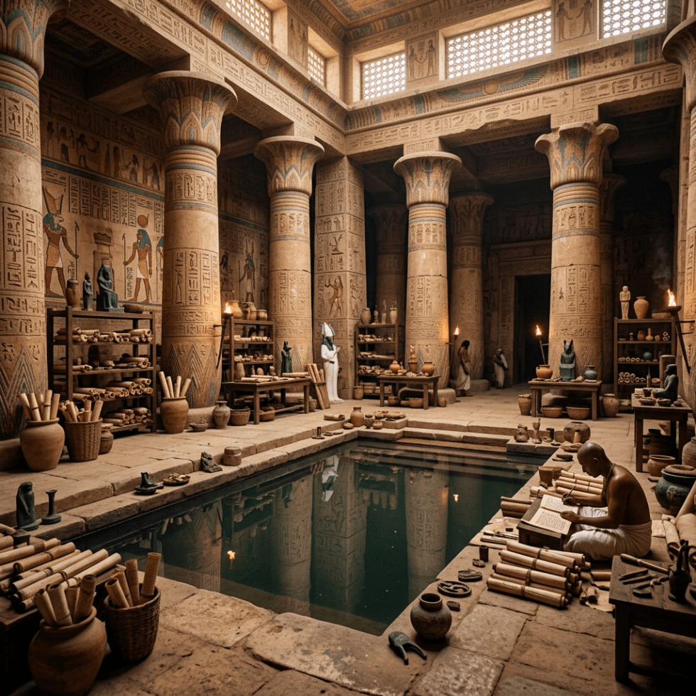 Scribe writing beside a pool in an ancient Egyptian temple workshop