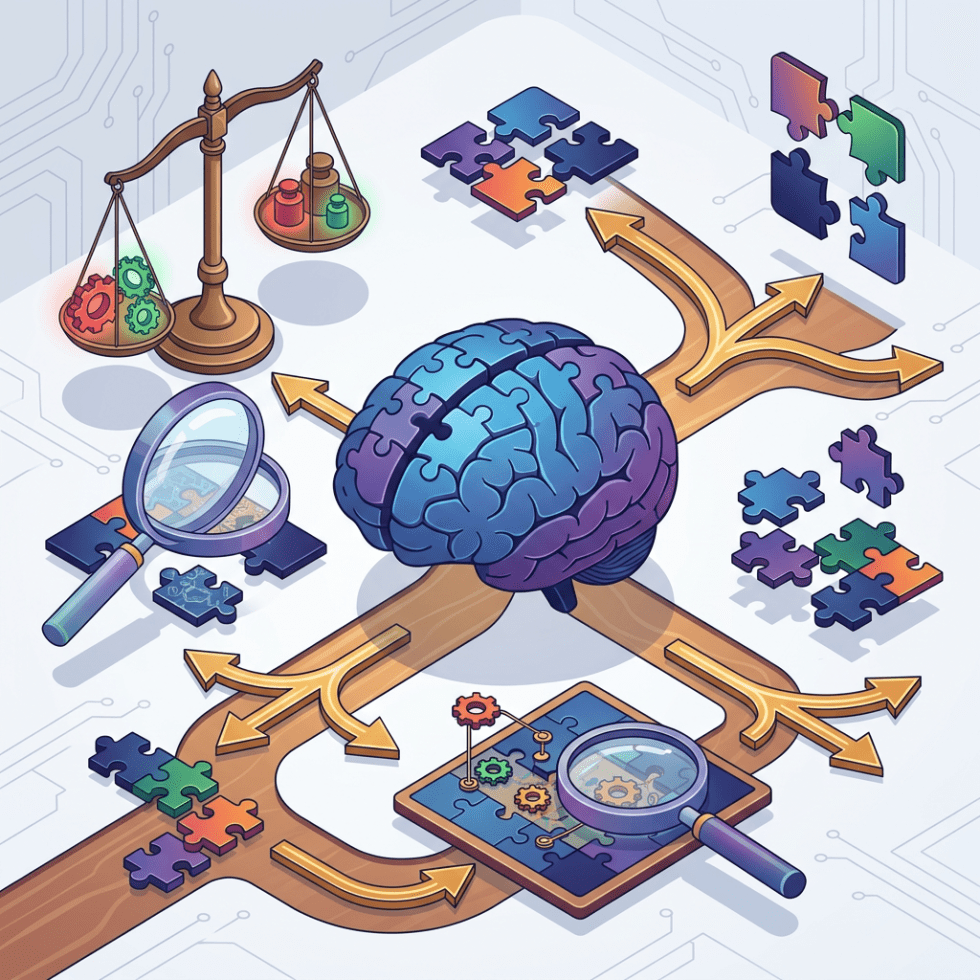 Puzzle-shaped brain surrounded by branching paths, gears, scales, and magnifying glasses