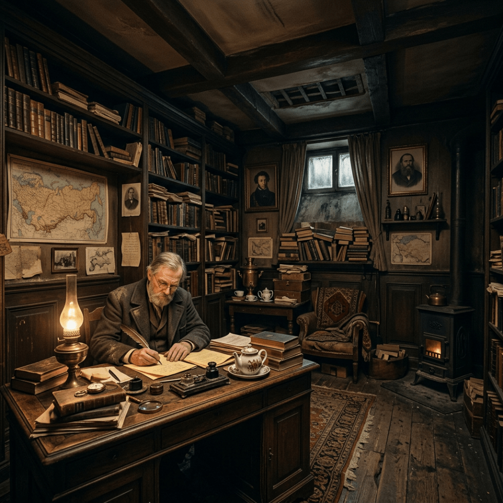 Bearded scholar writing with a quill at a desk in a book-filled study
