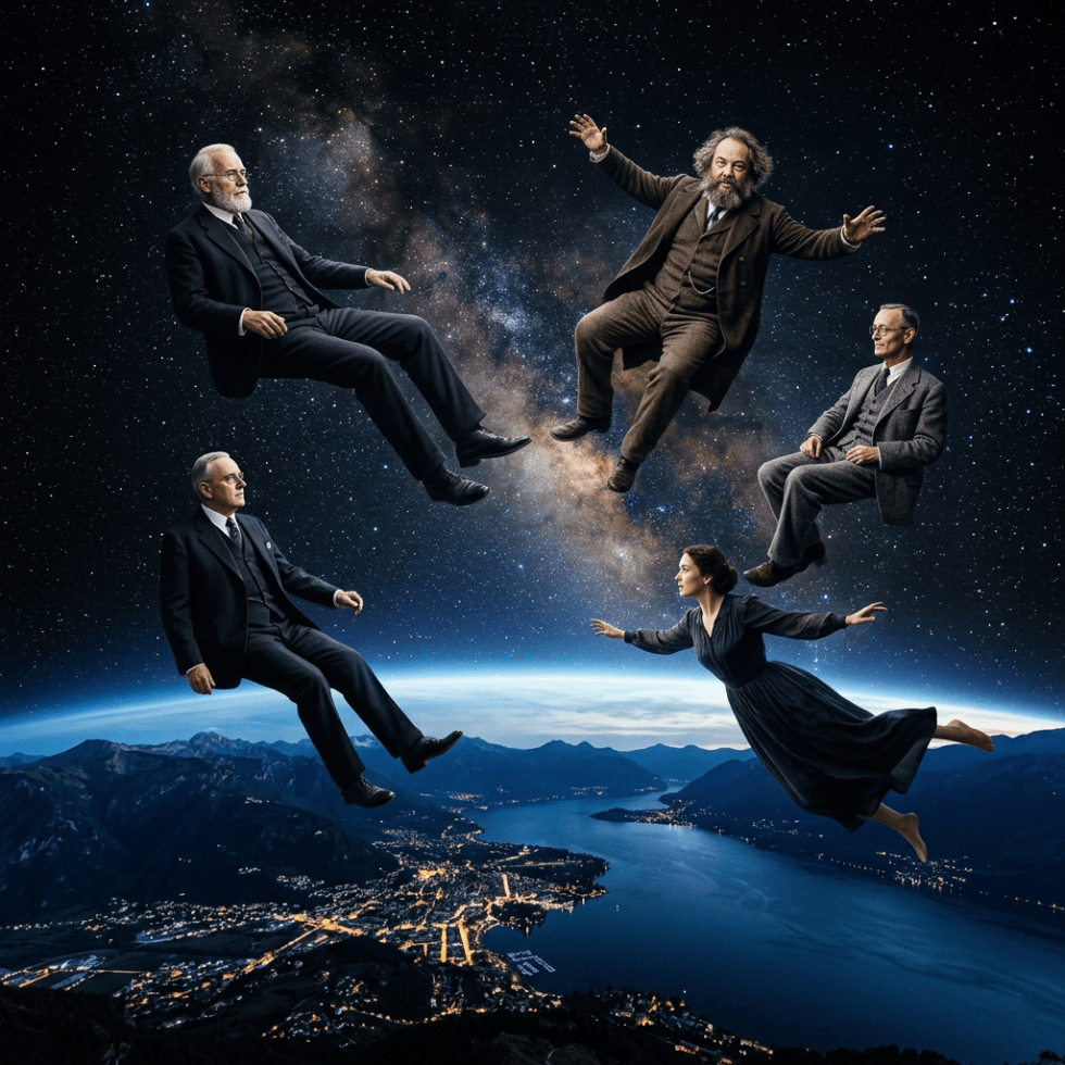 Five formally dressed people floating above a nighttime mountain lake beneath stars