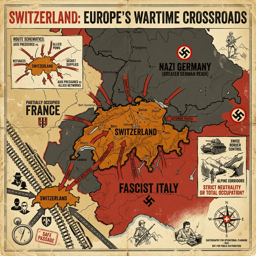 Map titled “Switzerland: Europe’s Wartime Crossroads” showing wartime pressures and routes