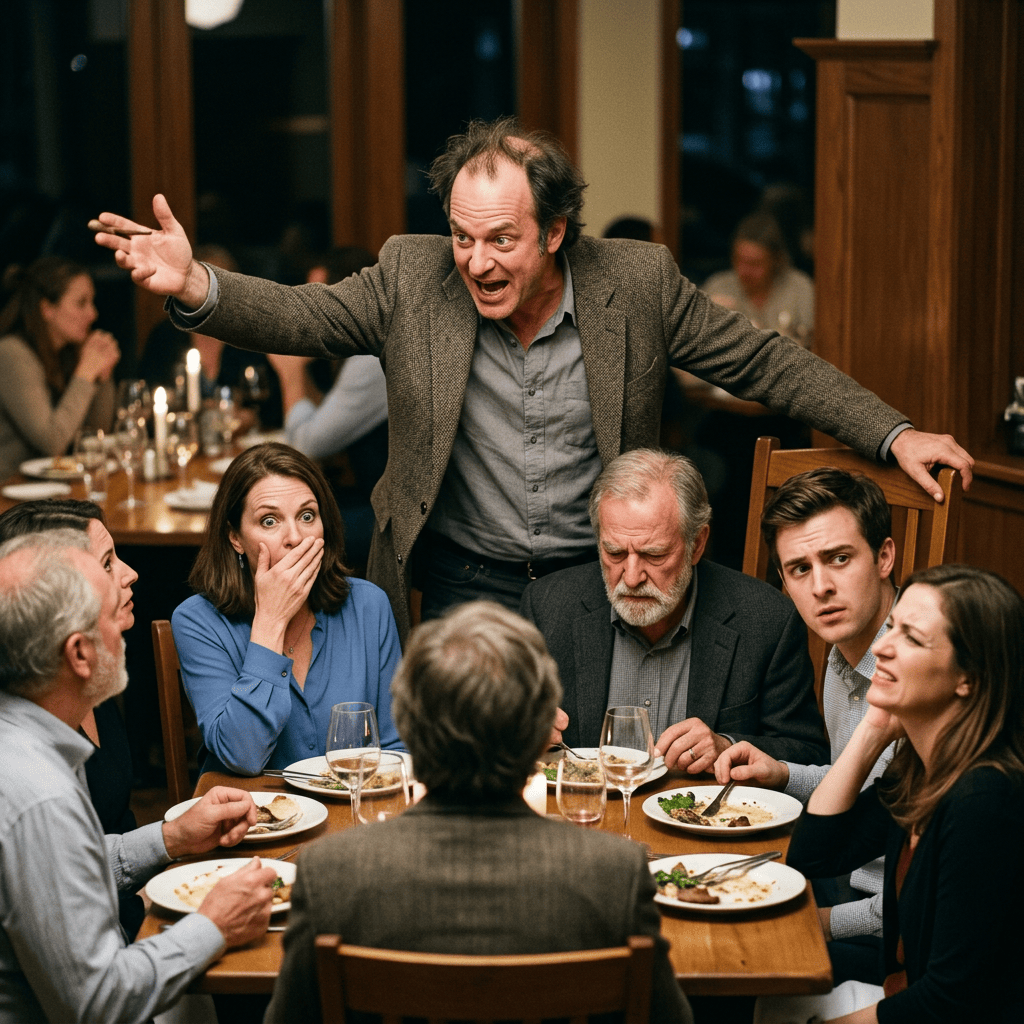 Man standing and gesturing dramatically during a tense group dinner