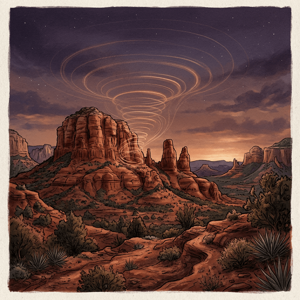 Glowing spiral rings descend over a red-rock desert beneath stars
