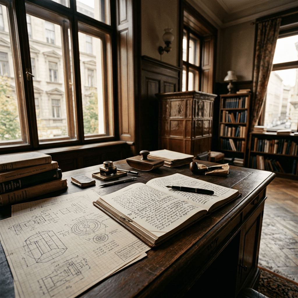 Wooden study desk with handwritten journal, architectural drawings, books, and pipe
