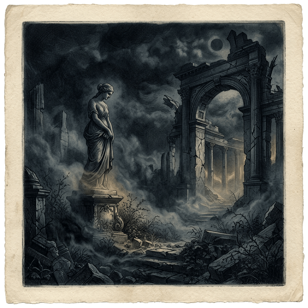 Classical statue standing among overgrown ruins beneath a stormy moonlit sky
