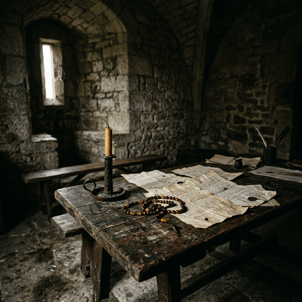 Candle, rosary, and aged manuscripts on a wooden table in a stone chapel