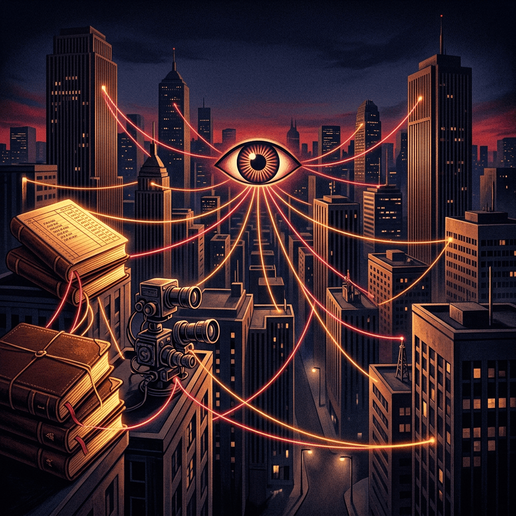 Symbolic eye linking books, camera, and city skyscrapers with glowing lines