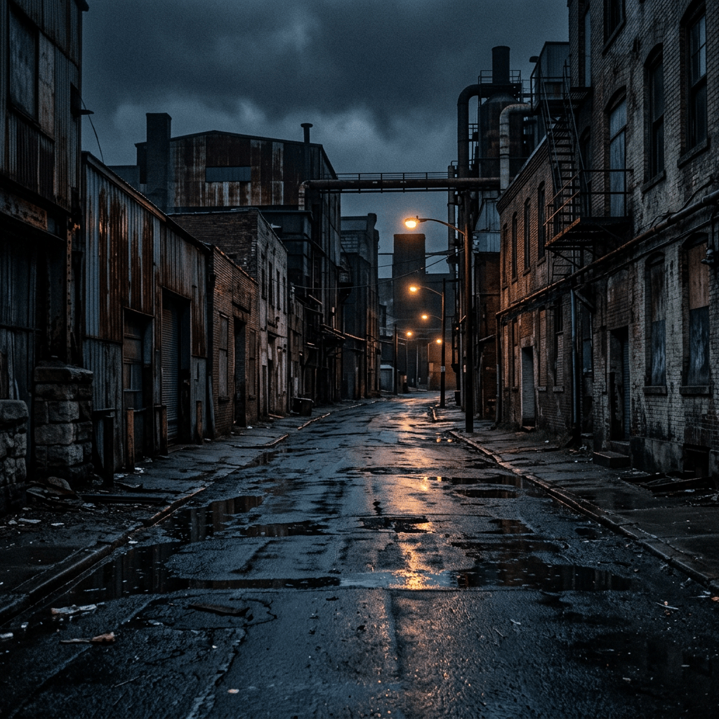 Deserted industrial street with wet pavement, brick buildings, pipes, and glowing streetlights