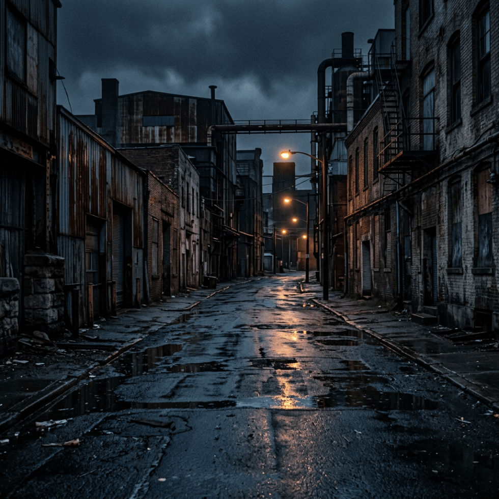 Deserted industrial street with wet pavement, brick buildings, pipes, and glowing streetlights