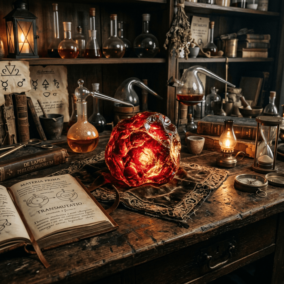 Glowing red stone on an alchemist’s workbench surrounded by books and glass vessels