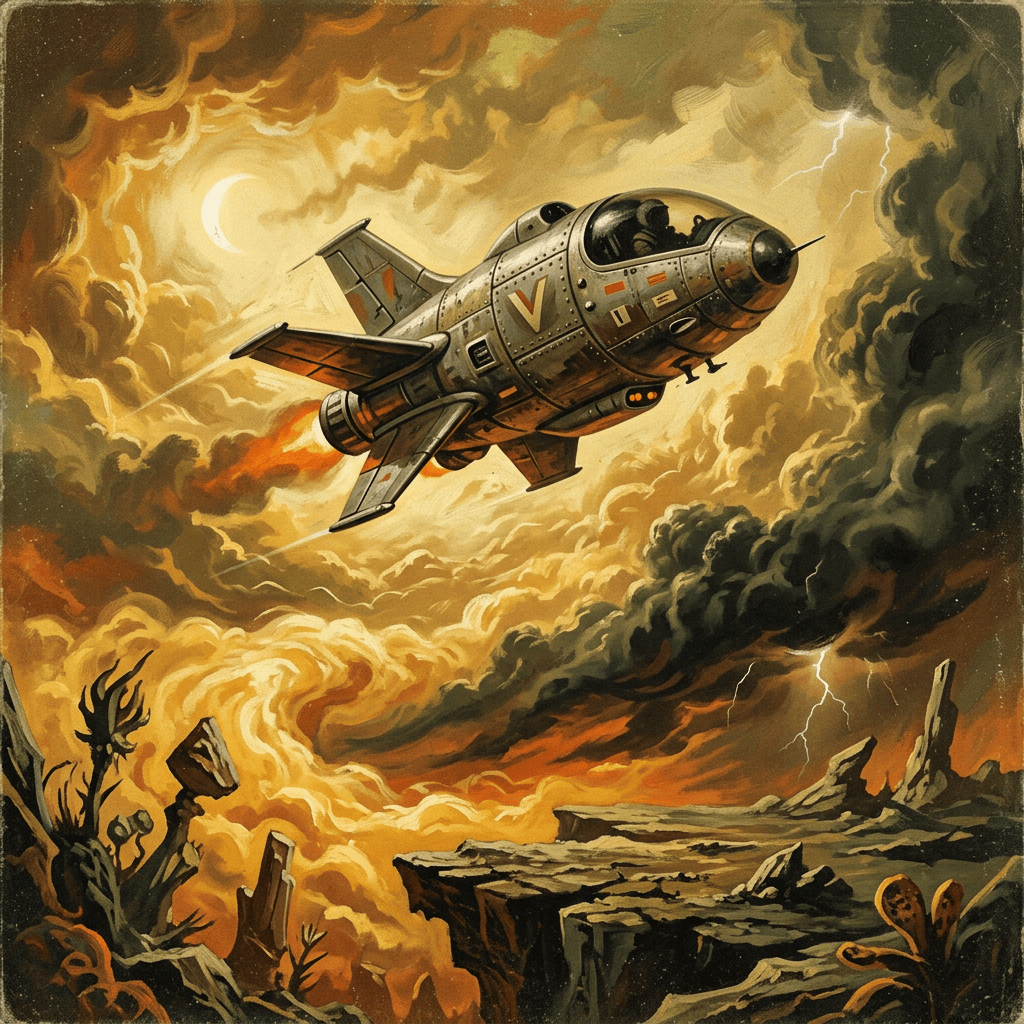 Retro spacecraft flying through fiery storm clouds over a rocky alien landscape