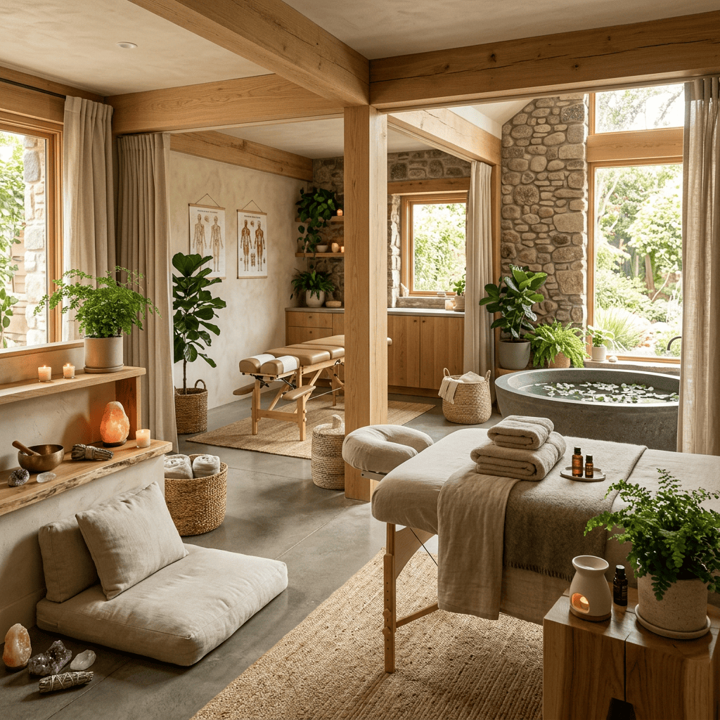 Serene wellness treatment room with massage table, plants, and soaking tub