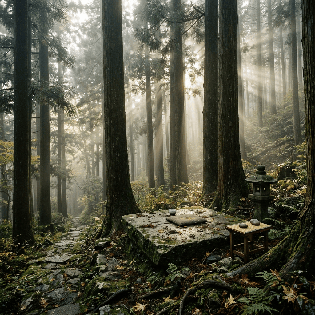 Stone meditation platform and lantern in a misty forest