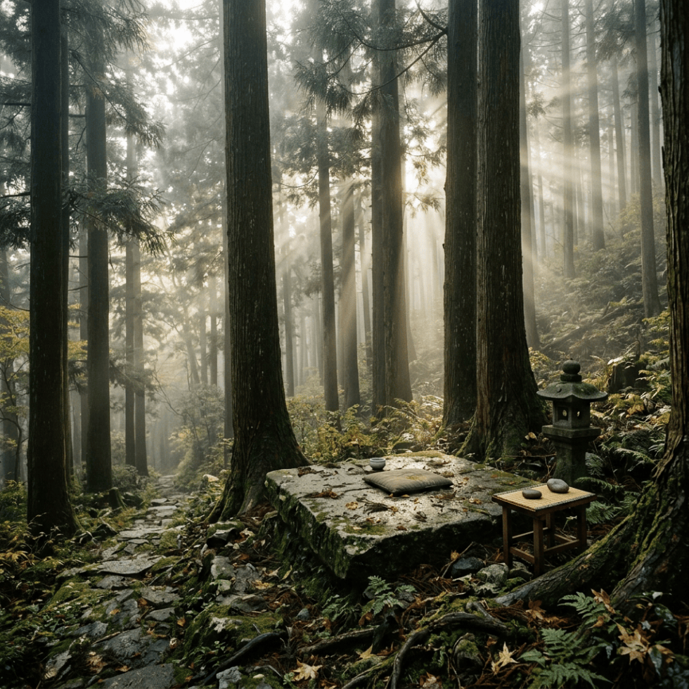 Stone meditation platform and lantern in a misty forest