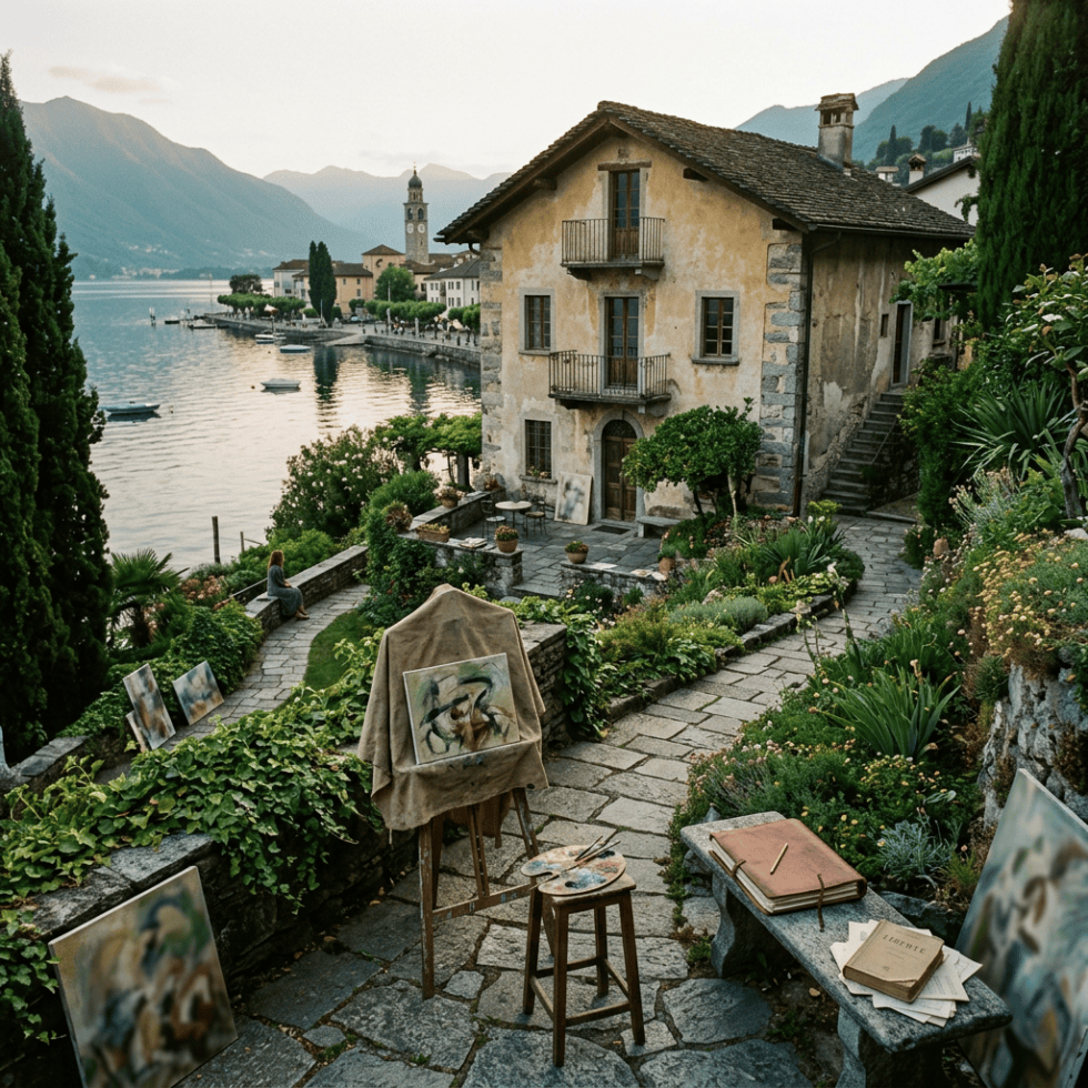 Outdoor painting setup in a lakeside garden overlooking a village and mountains