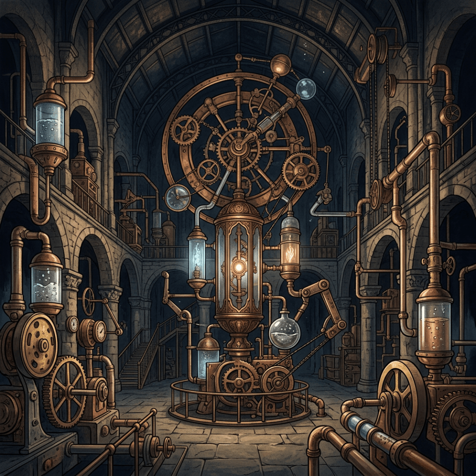 Steampunk engine room with glowing vessels, copper pipes, gears, and clockwork apparatus