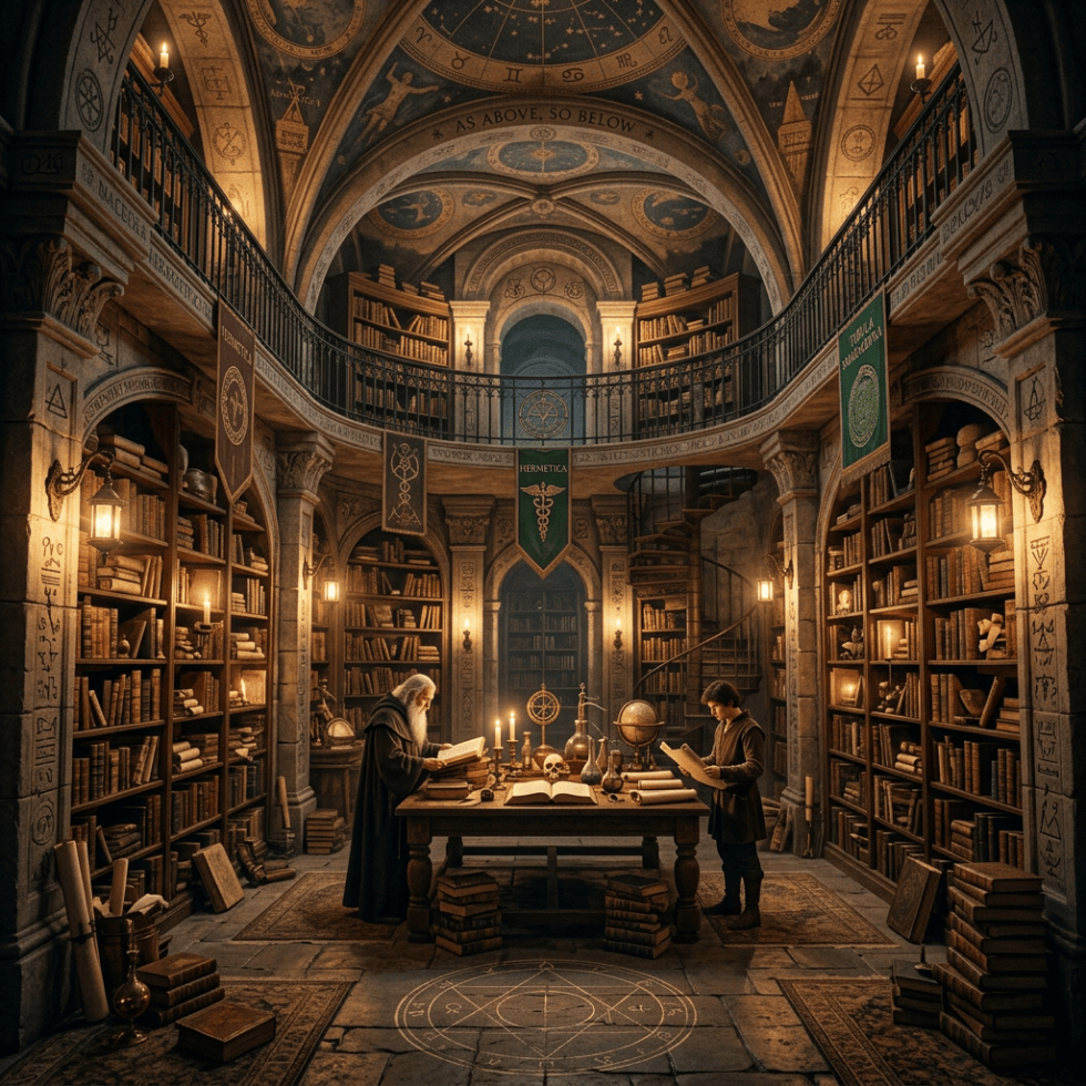 Two scholars studying books in a candlelit occult library