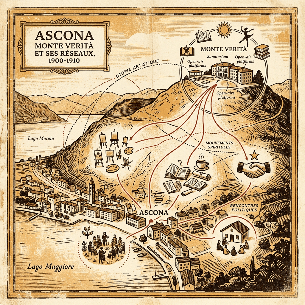Map titled “ASCONA MONTE VERITÀ ET SES RÉSEAUX, 1900-1910,” showing Ascona, Monte Verità, Lago Maggiore, Lago Motete, Utopie artistique, Mouvements spirituels, and Rencontres politiques.
