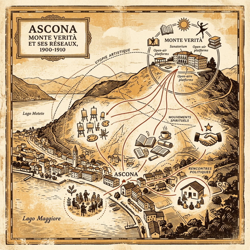 Map titled “ASCONA MONTE VERITÀ ET SES RÉSEAUX, 1900-1910,” showing Ascona, Monte Verità, Lago Maggiore, Lago Motete, Utopie artistique, Mouvements spirituels, and Rencontres politiques.
