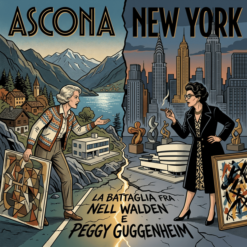 Poster reading “ASCONA NEW YORK” and “LA BATTAGLIA FRA NELL WALDEN E PEGGY GUGGENHEIM,” contrasting mountain and city art scenes.