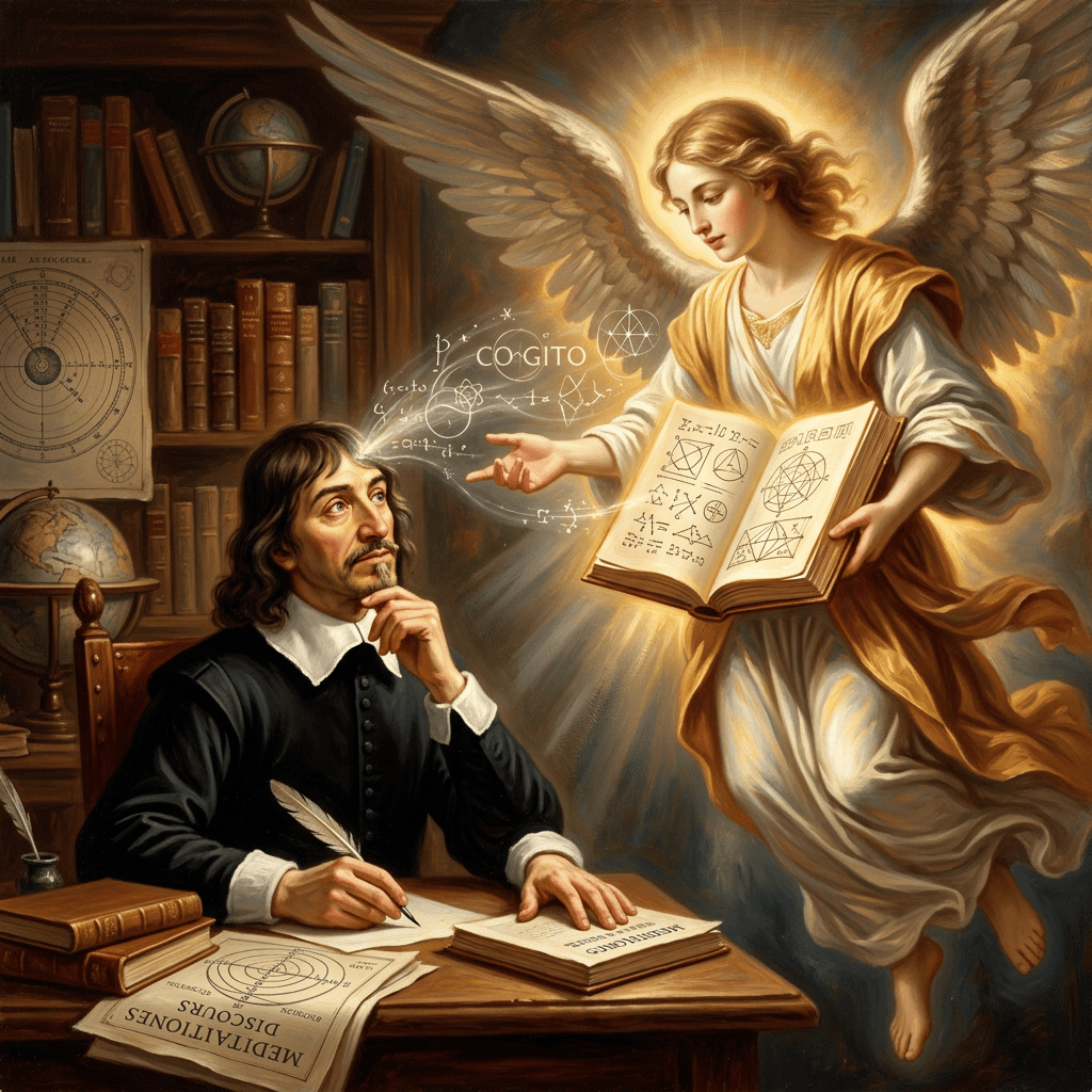 Descartes writing while a winged angel presents a geometric book; "COGITO" appears between them.