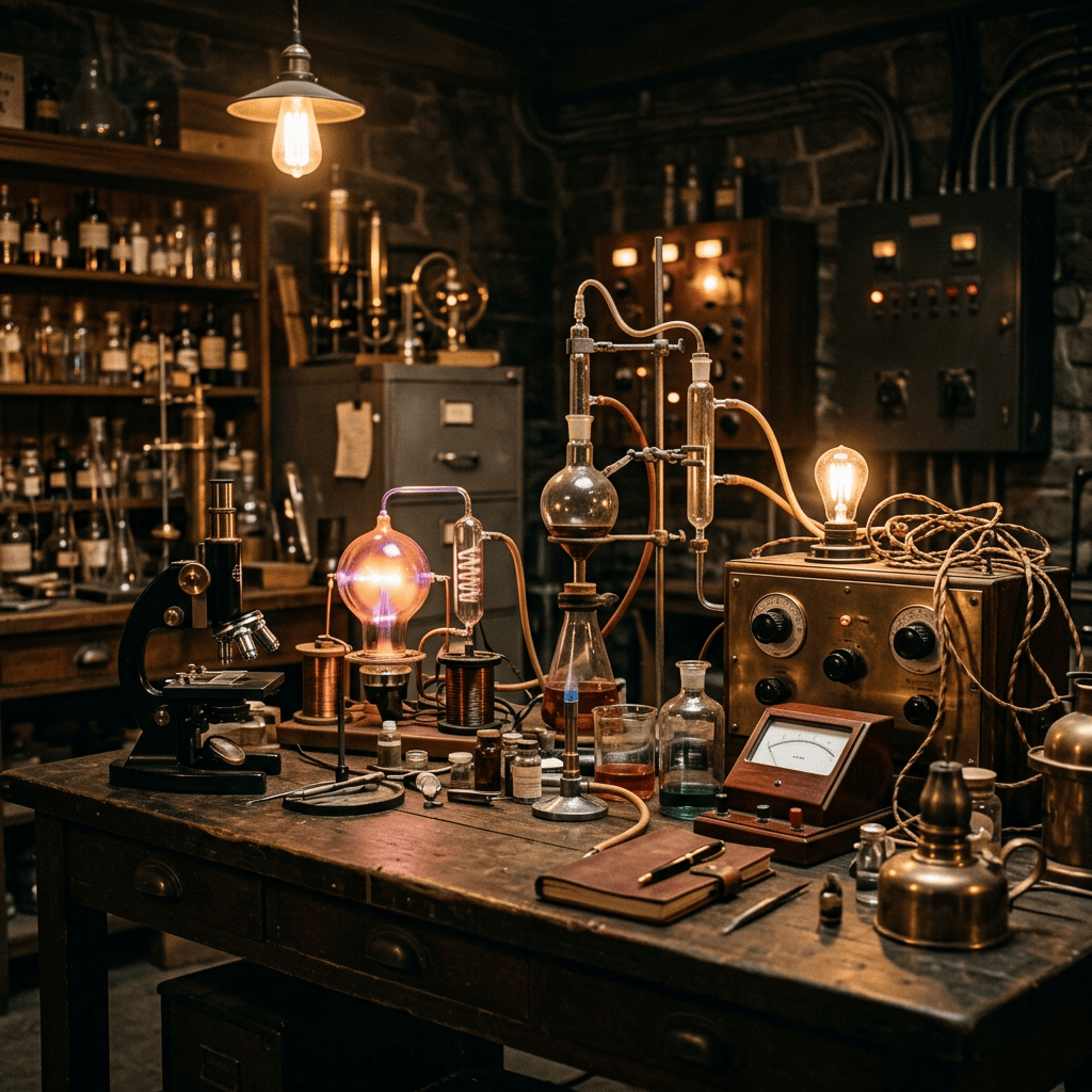 Vintage laboratory workbench with glass apparatus, microscope, coils, and electrical equipment