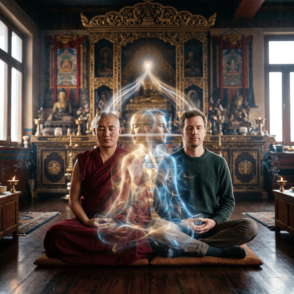 Monk and man meditating with glowing spiritual figures in a temple