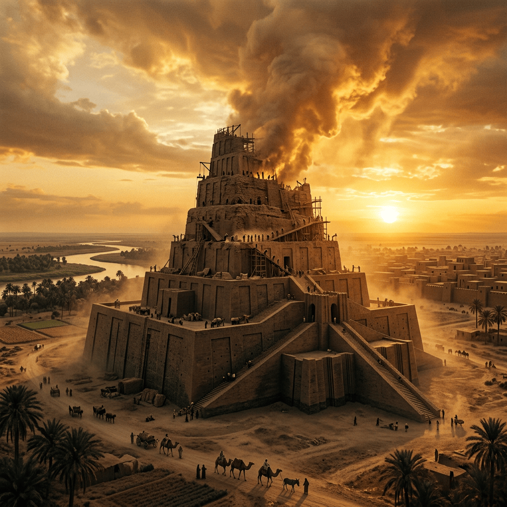 Tiered ancient ziggurat beside a river at sunset, with palms and camels
