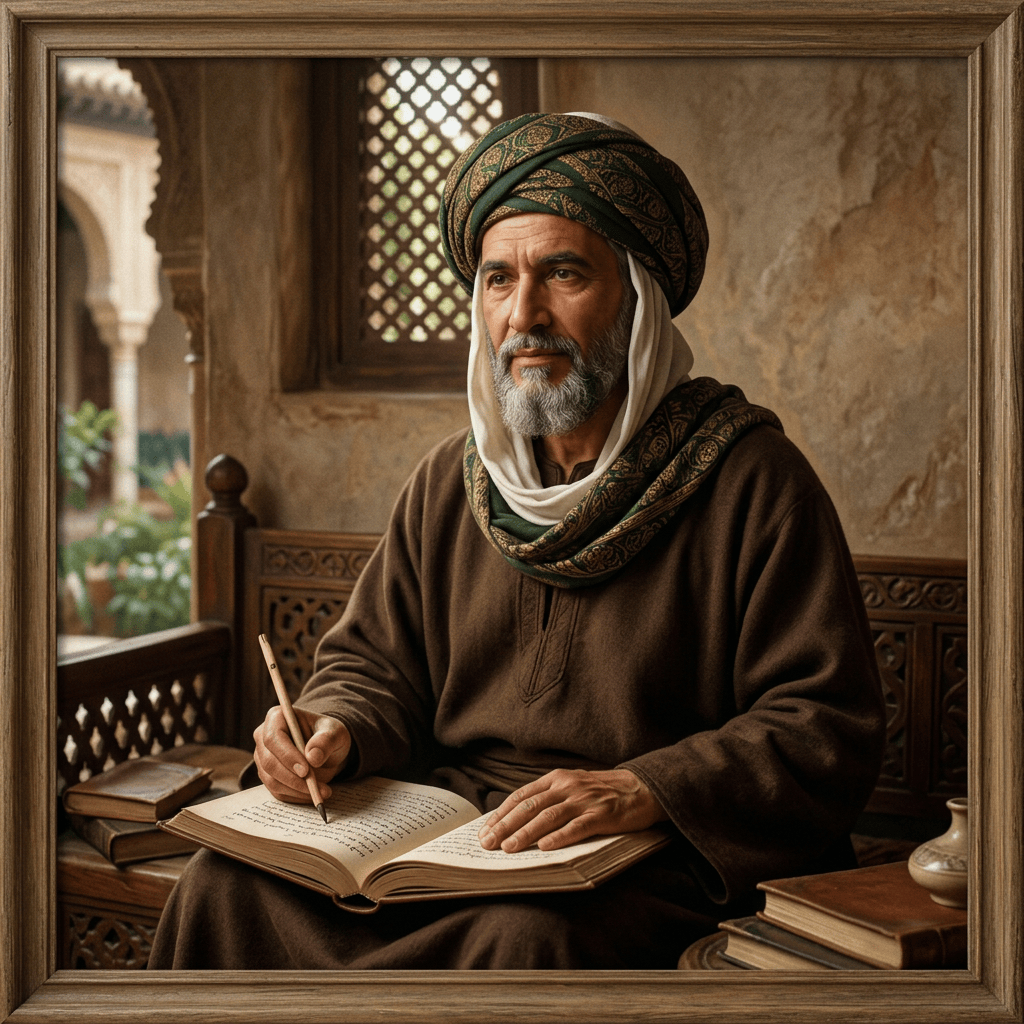 Bearded scholar in traditional dress writing in an open manuscript